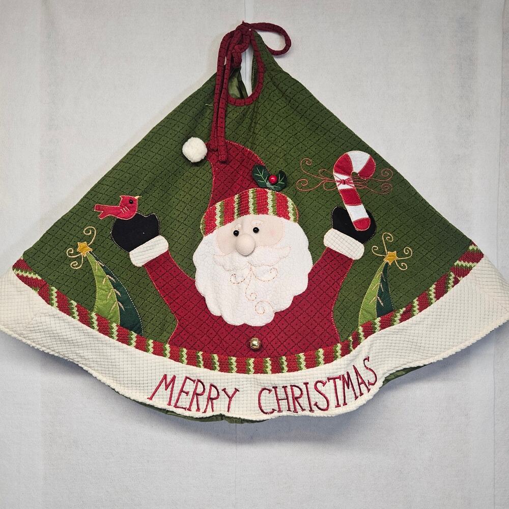 Vintage Green Felt Christmas Tree Skirt Embroidered Retro Santa Claus Holiday